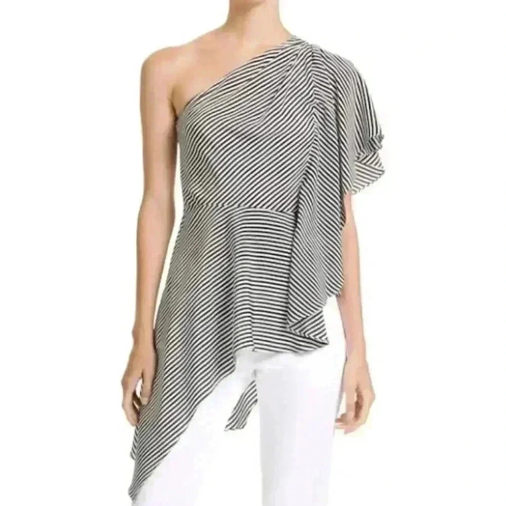 HALSTON Women's Blouse, Linen White/Black Milesian Stripe, 8